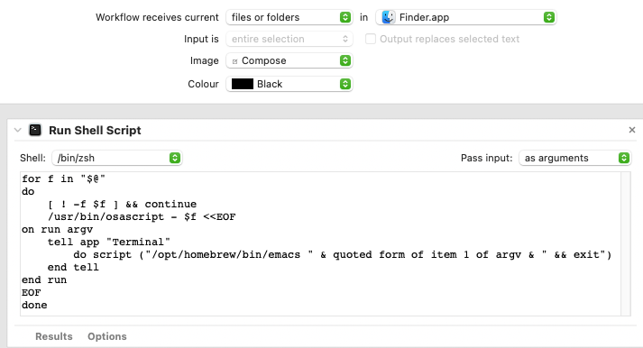 Screenshot of my MacOS Automator Quick Action for opening files in Emacs from Finder