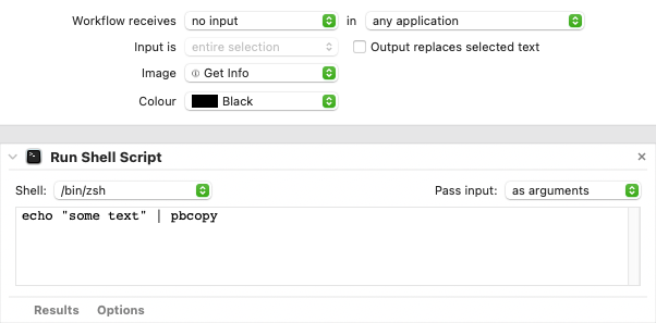 Screenshot of my MacOS Automator Quick Action for copying text to the clip board